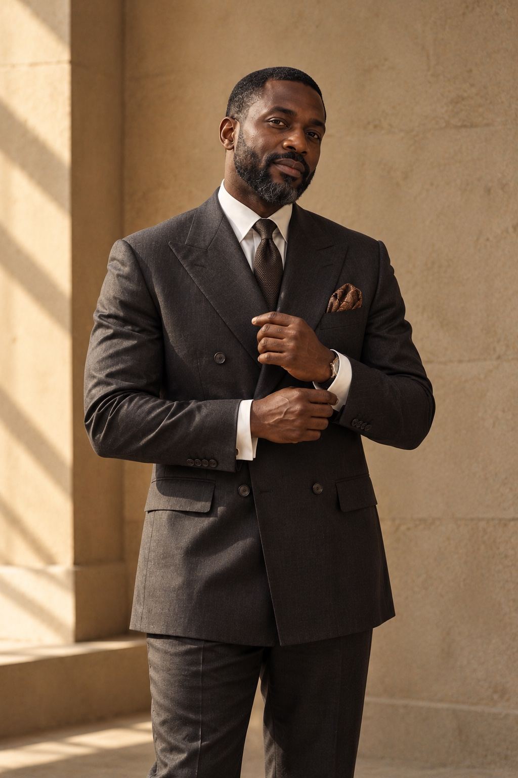 A charcoal double-breasted suit with bronze buttons and a pocket square.