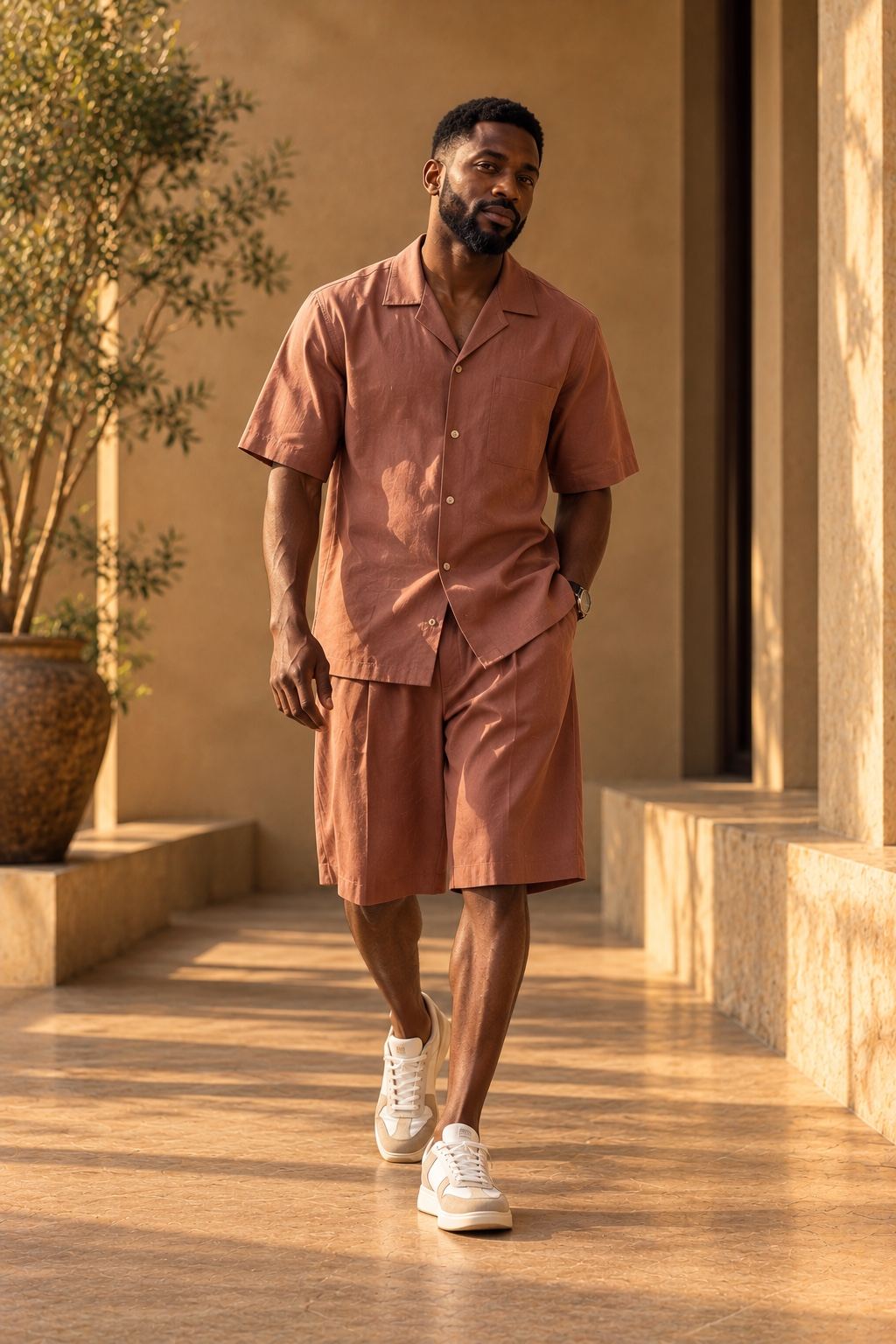A sand-coloured two-piece set with a short tunic and tapered trousers.